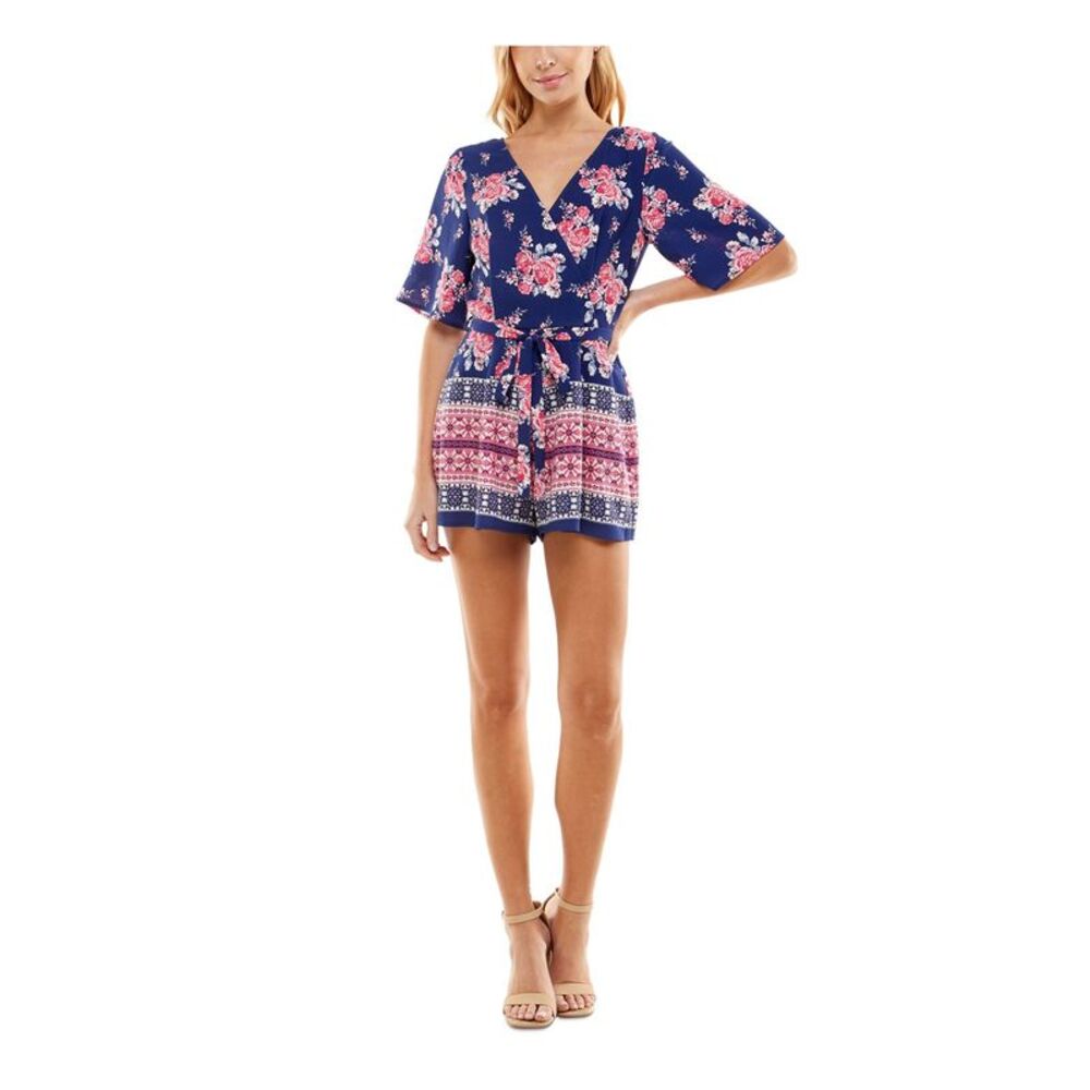 TRIXXI Womens Wide Leg Romper Navy Belted Flutter Sleeve Tie U-back Juniors S